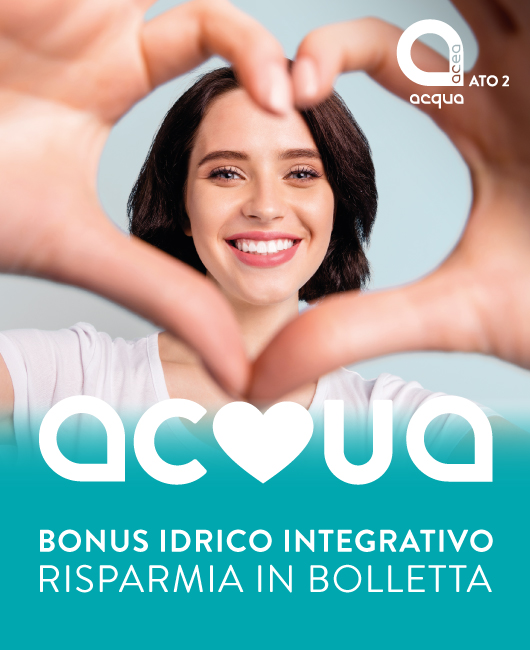 donna sorridente che forma un cuore con le mani. Testo: "Bonus Idrico Integrativo, risparmia in bolletta". Logo Acea ATO 2.