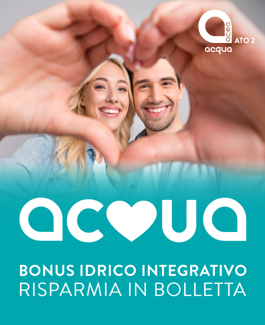 Coppia sorridente che forma un cuore con le mani. Testo: "Bonus Idrico Integrativo, risparmia in bolletta". Logo Acea ATO 2.